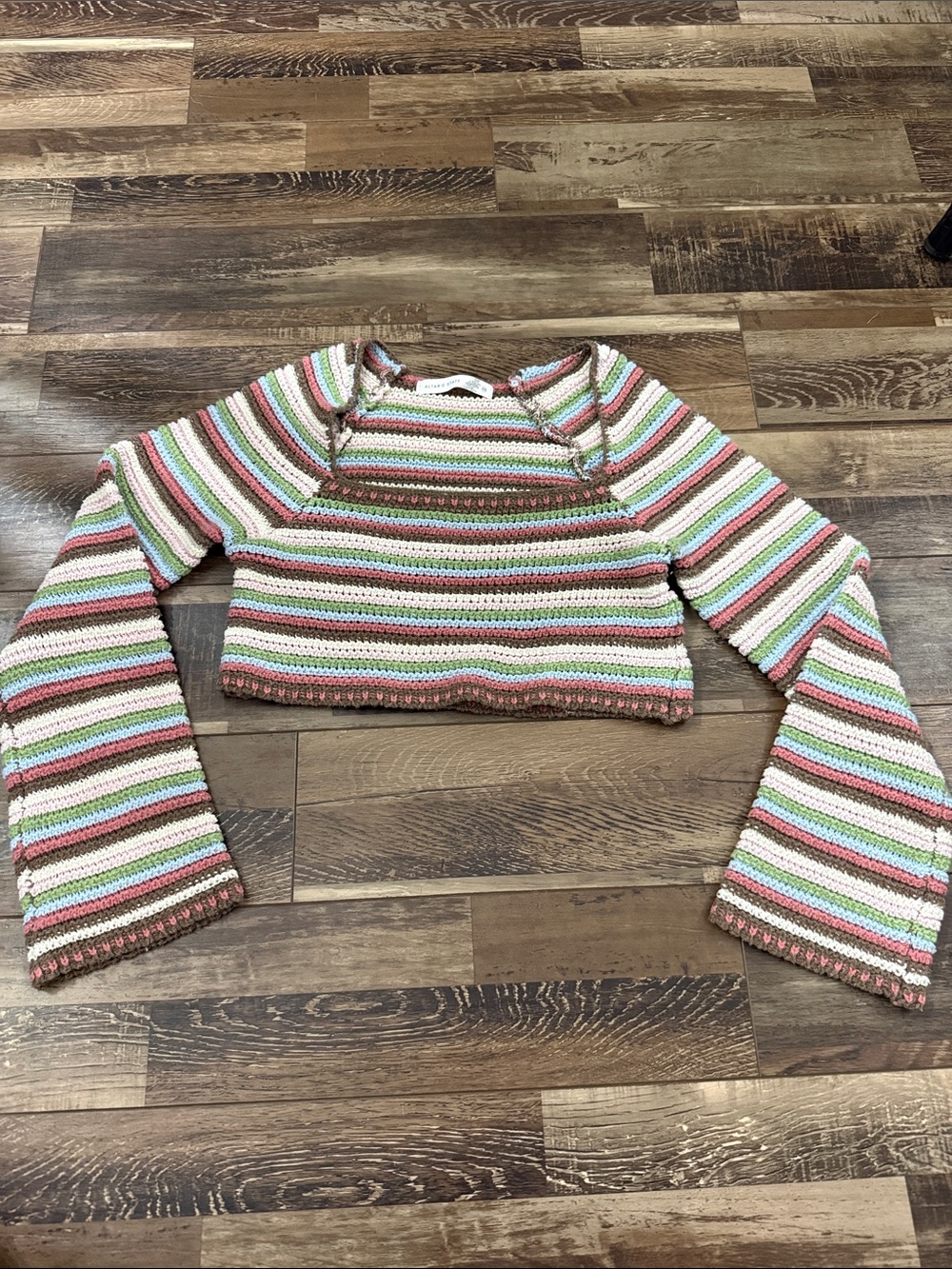 Altar'd State Cropped Striped Crew Sweater in Pink, Green, White & Brown